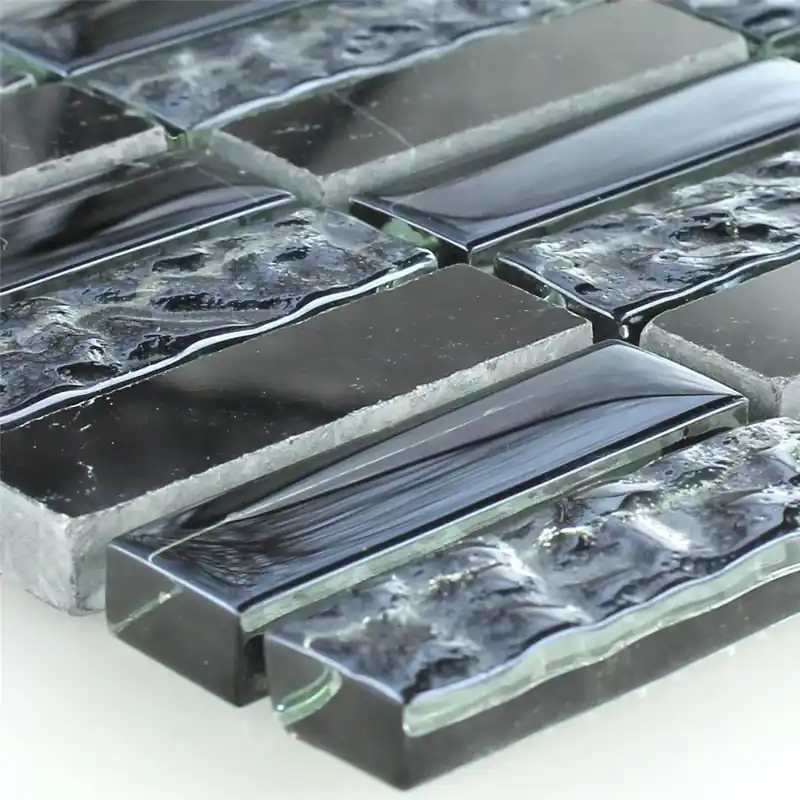 Árengedmény Mozaik Csempe Üveg Üveggolyó Fekete Hullámos 15x50x8mm