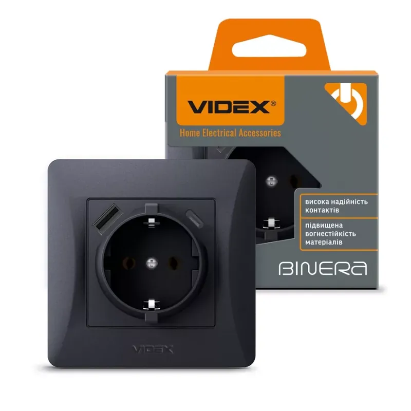 Olcsóbb Videx Binera fekete színű süllyesztett földelt csatlakozó aljzat + 1-1 db USB csatlakozóval USB-C csatlakozóval (20/120)