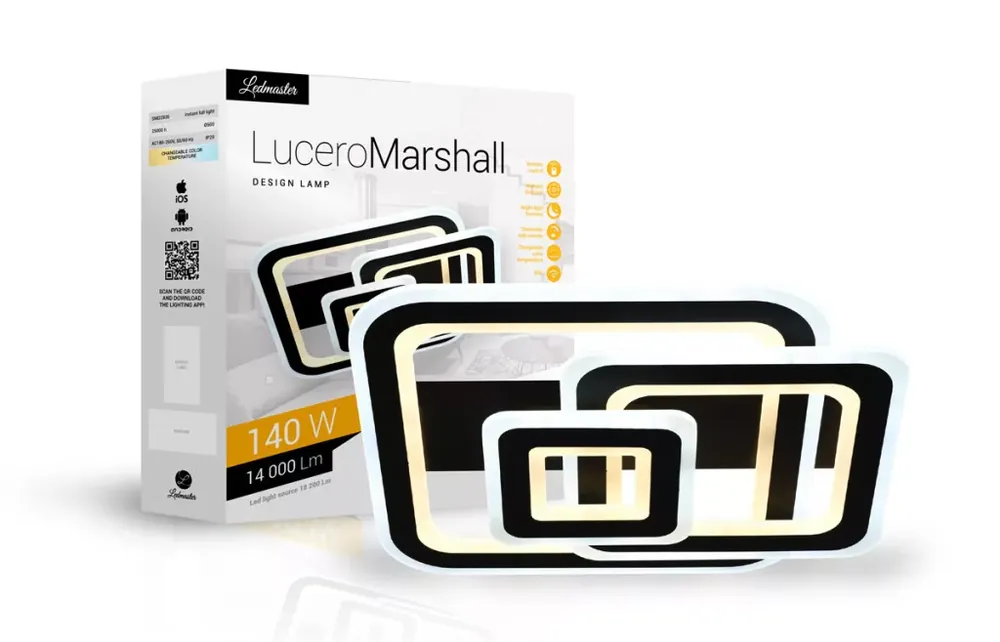 Újdonság Lucero Marshall 140 W-os 50 cm átmérőjű fekete LED távirányítós és mobil applikációval vezérelhető mennyezeti lámpa