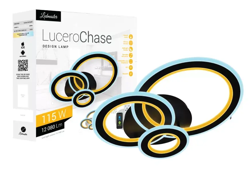 Szuper ajánlat Lucero Chase 115 W-os 50 cm átmérőjű fekete LED távirányítós és mobil applikációval vezérelhető mennyezeti lámpa