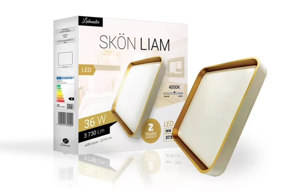 Skön Liam 36 W-os ø500 mm négyzet alakú natúr fehér fehér-arany színű mennyezeti lámpa IP20-as védettségű Legkelendőbb