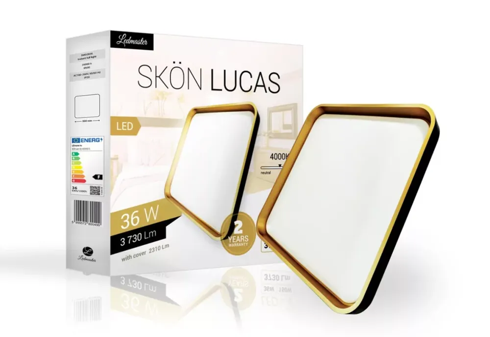 Olcsó Skön Lucas 36 W-os ø500 mm négyzet alakú natúr fehér fekete-arany színű mennyezeti lámpa IP20-as védettségű