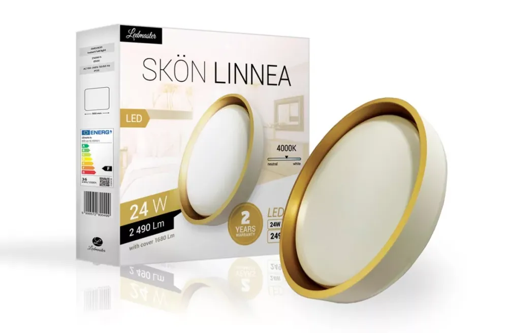 Skön Linnea 24 W-os ø400 mm kerek natúr fehér fehér-arany színű mennyezeti lámpa IP20-as védettségű Kihagyhatatlan ajánlat