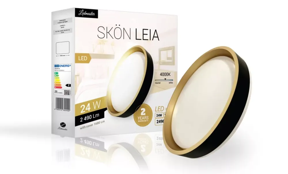 Skön Leia 24 W-os ø400 mm kerek natúr fehér fekete-arany színű mennyezeti lámpa IP20-as védettségű Kiárusítás