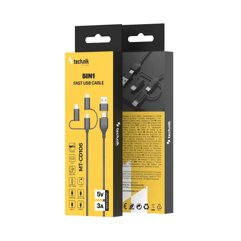 Expressz szállítás Technik Töltő-és Adatkábel Braided (5in1) USB-A/C to all 5V 3A 1,2m Fekete