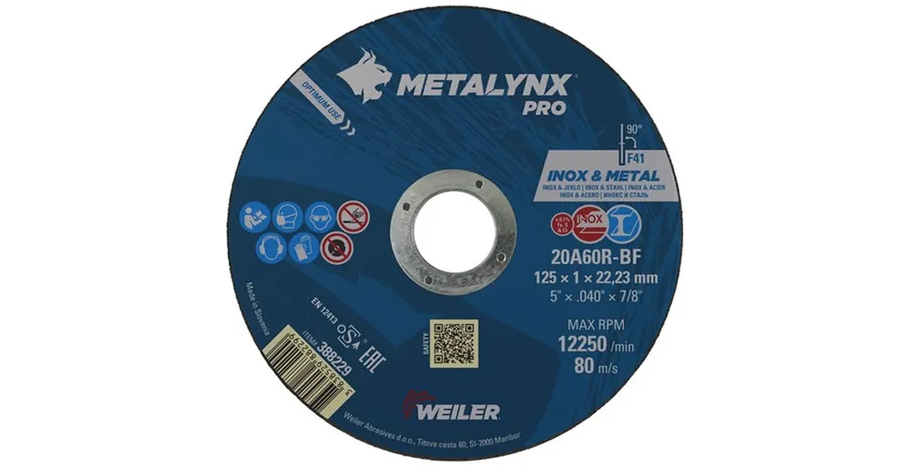 Csak ma VÁGÓKORONG INOX-ACÉL D125*1.0 22LYUK 20A60R-BF METALYNX PRO 388229