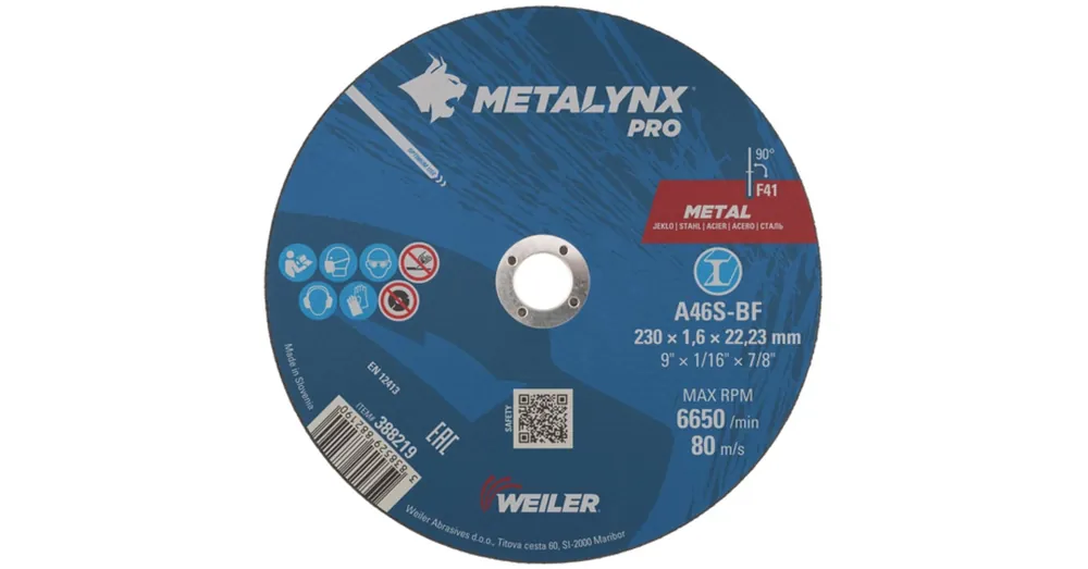 VÁGÓKORONG ACÉL D230*1.6Q 22LYUK A46S(T)-BF METALYNX PRO 388219 Újdonság